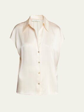 Vince Cap-Sleeve Ruched-Back 100% Silk Blouse Ecru Medium | $348